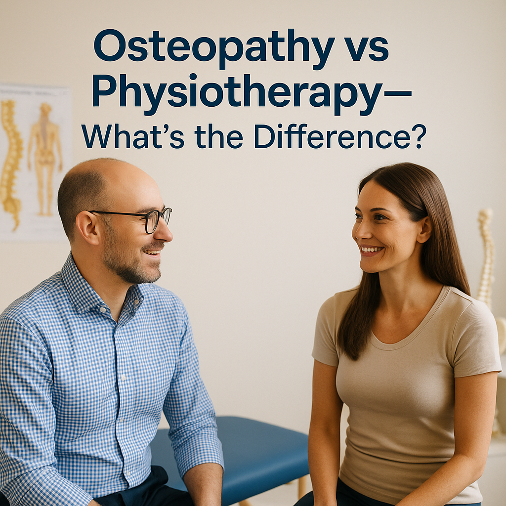 Osteopath in Nottingham talking with a patient in a calm clinic setting – illustrating the difference between osteopathy and physiotherapy.