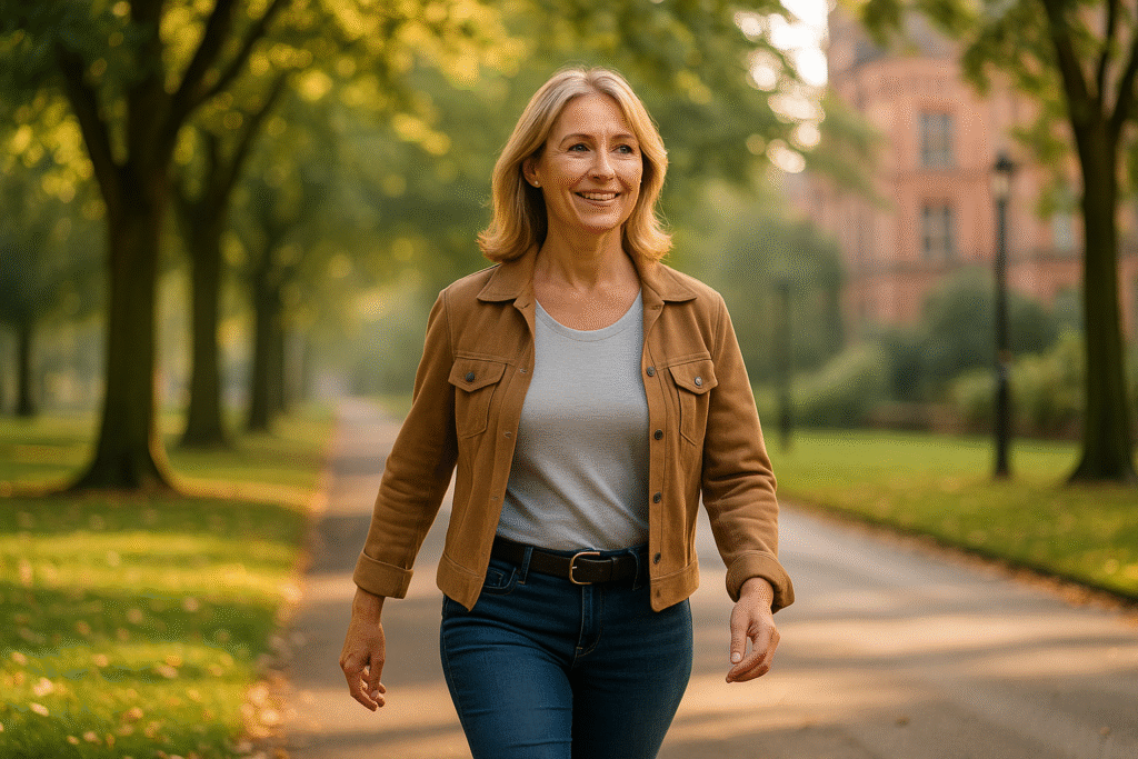Woman in her 50s walking confidently in a leafy Nottingham park after osteopathic treatment for back pain.