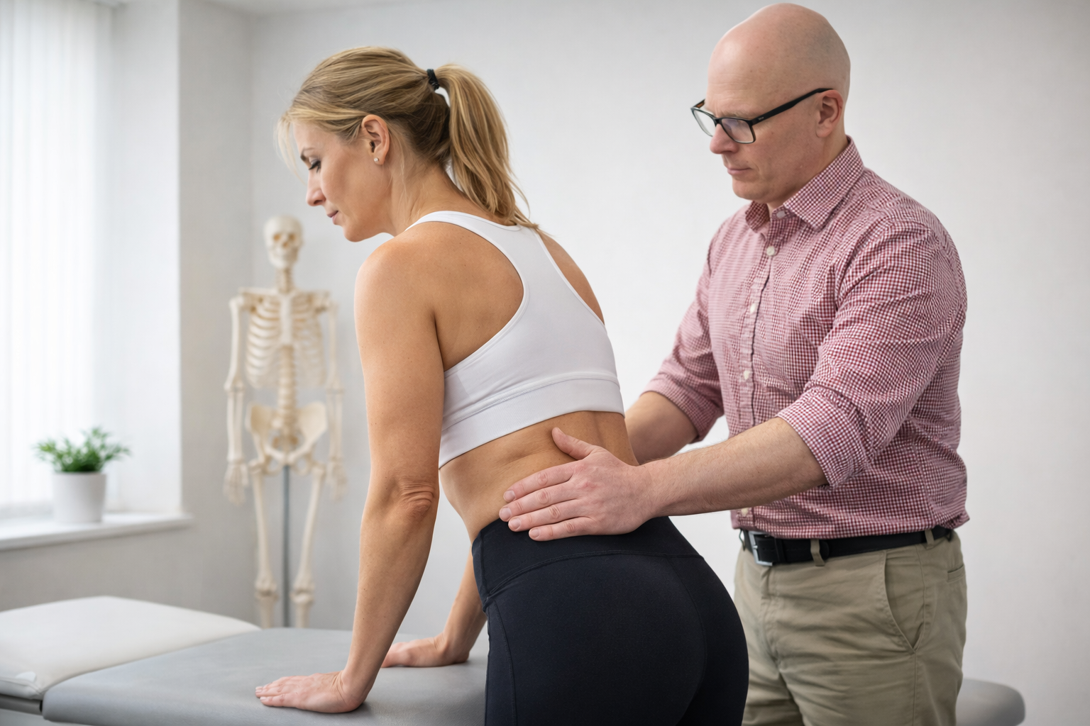Osteopath in Nottingham assessing a patient’s lower back during a clinical examination.