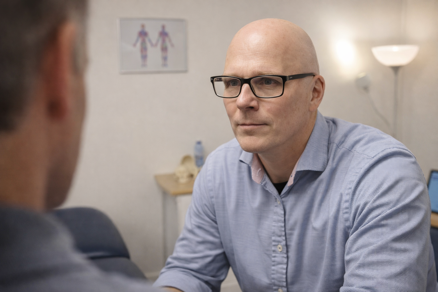Osteopath in Nottingham listening carefully to a patient during a back pain assessment